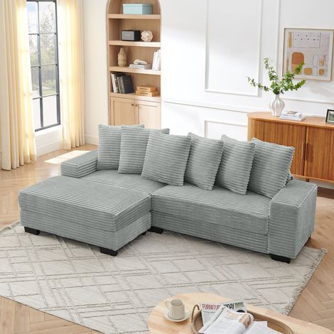 Divano angolare a L 4 posti 256,5 x 133,5 x 89 cm in velluto a coste grigio con 6 cuscini (1/5)