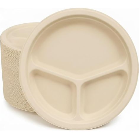 Assiettes Jetables 3 Compartiments - Lot de 90 - Bagasse Canne à Sucre - 26 cm Résistant (1/5)
