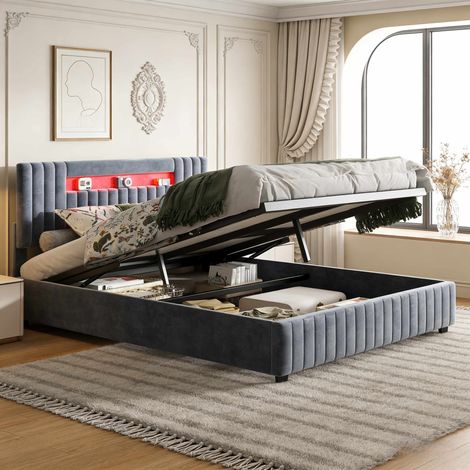 Letto matrimoniale contenitore 160x200 cm in velluto grigio, letto idraulico con LED integrato, testiera imbottita, rete a doghe