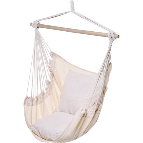 Hängesessel/Hängesessel für den Außenbereich mit 2 Kissen, geeignet für drinnen und draußen, aus Baumwollmischgewebe, cremefarben