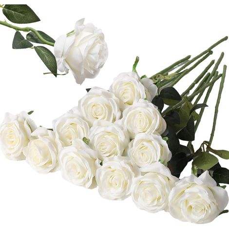 ZHIJIA PREMIUM bouquet roses artificielles soie blanches tige longue 52cm décoration maison mariage 12 pièces (1/5)
