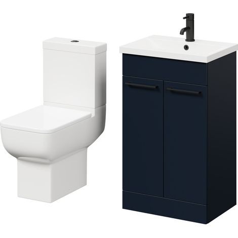 Wholesale Domestic Alessio Deep Blue 500mm Vanity Unit and Toilet Suite including Open Back Toilet and Floor Standing Vanity Unit with 2 Doors and Matt Black Handles (1/5)