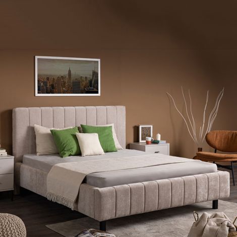 Cama Matrimonial Exmouth, Dimensiones Colchón 160x200 cm, Cabecera y Borde Acolchados, Beige (1/5)