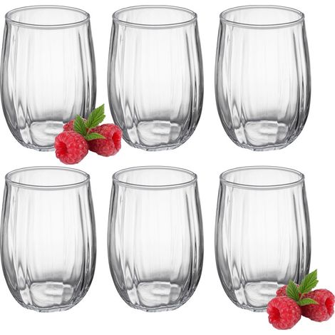 Juego de 6 vasos para bebidas, agua, cócteles, Leyla 370 ml, forma de barril, estriados, patrón 2 (1/4)