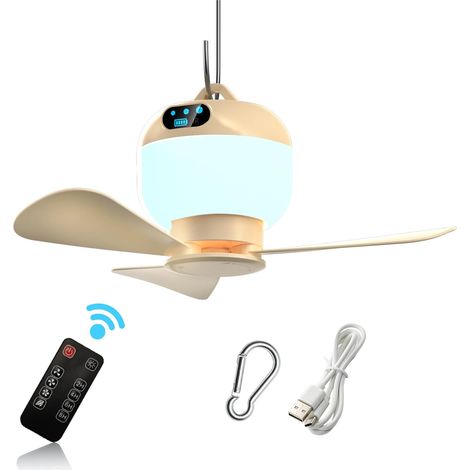 Ventilateur de camping rechargeable avec lumière et télécommande - Ventilateur de tente suspendu de 27 cm (10,63 pouces) - 3 vitesses et minuterie - Sans fil - Convient pour la tente, la plage, le cam (1/5)