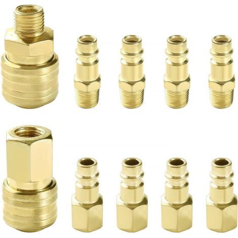10 Pièces 1/4" BSP Coupleur Pneumatique d'air Kit, Raccord Rapide Pneumatique Européen, Compresseur Raccord d'Air, pour Tuyau Compresseur, Or (1/5)