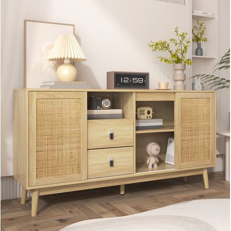 MEUBLIV Credenza 155x38x80 cm effetto legno – 3 ante scorrevoli in rattan e 2 cassetti (1/5)