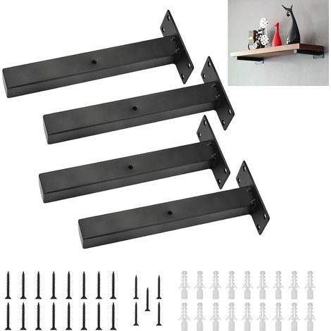 Lot de 4 supports d'étagère métalliques muraux, style rétro, en forme de T, 20 cm, pour étagère flottante, couleur noire. (1/4)