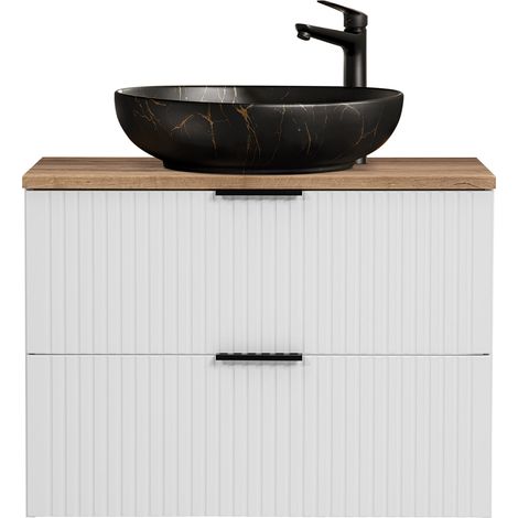 Waschtisch 80cm mit schwarzem Aufsatzbecken, weiß mit Eiche Nb., Front gerillt, ADELAIDE-56-WHITE (1/5)