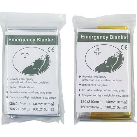 Or et argent, 1,3 x 2,1 m Couverture de survie portable et multifonctionnelle jetable en film PET et aluminium, idéale pour l'isolation thermique en milieu sauvage et les premiers secours. (1/5)