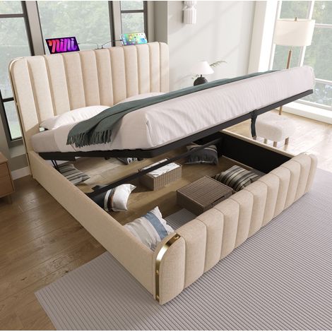 Lit coffre 140x190 avec USB-C, lin beige et métal HAVRYA (1/5)