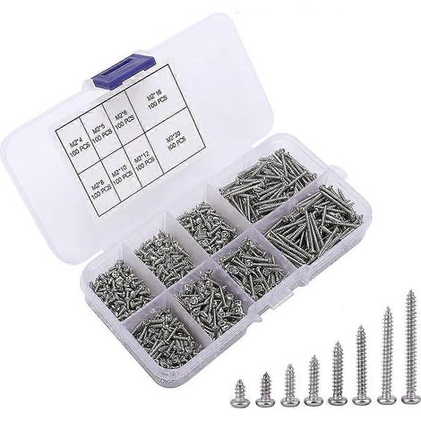 800 vis autoperceuses à tête cruciforme, vis autotaraudeuses argentées, micro-vis à tête bombée, avec boîte en plastique, pour plastique, bois, métal et matériaux tendres M2 (1/5)