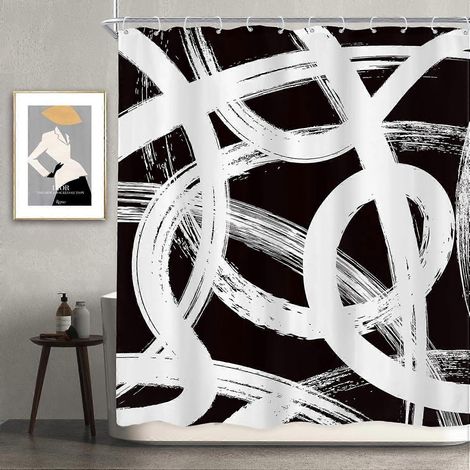 Rideau de douche abstrait noir et blanc, 180 x 180 cm (L x H) - Motif géométrique simple - Graffiti moderne - Design minimaliste - Unique et imperméable (1/5)