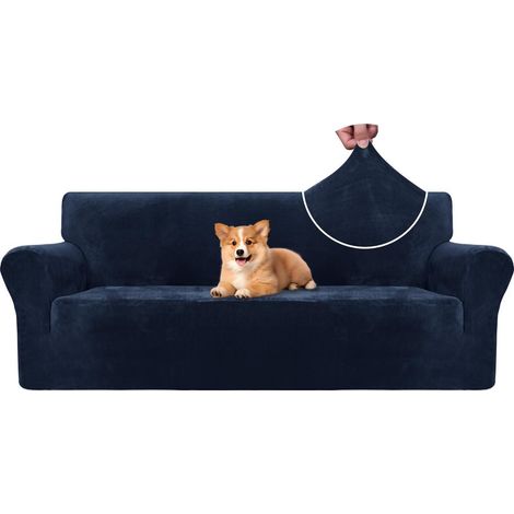 Samt Sofa Überzug 3 Sitzer, elastisch, rutschfest, dunkelblau (1/5)