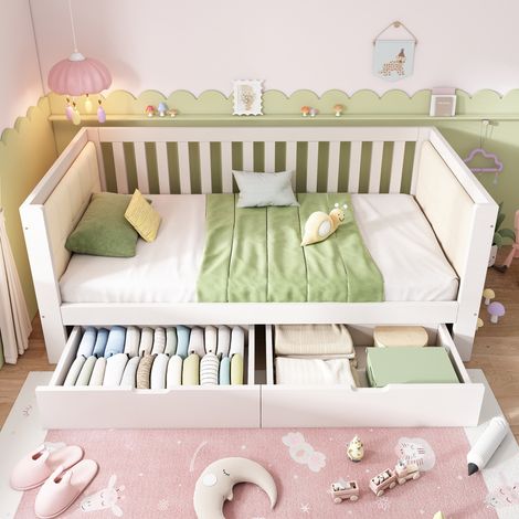 Lit banquette 90x190 cm Lit coffre enfant avec 2 tiroirs de rangement - Canapé lit en bois pour studio et petite chambre - blanc (1/5)