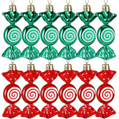 12 Stück glitzernde Weihnachts-Zuckerstangen-Pfefferminz-Hängeornamente für den Weihnachtsbaum mit goldenen Schnüren für Partys (Rot, Grün, Kunststoff) (1/5)