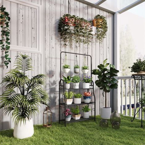 Soporte para plantas de 3 niveles con barra de suspensión y ganchos, 137 cm, metal negro DESVIAE (1/5)