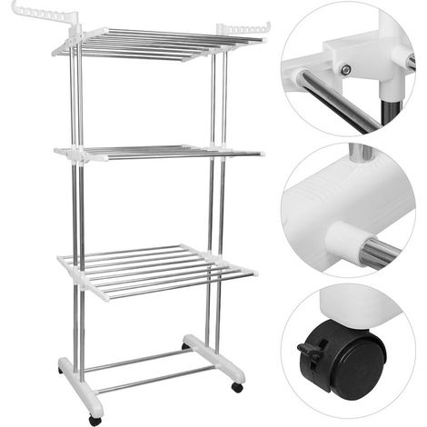 Séchoir à linge en acier inoxydable étendoir pliable Séchoir pliable à 3 niveaux,double poteau vertical 7264170cm (1/5)