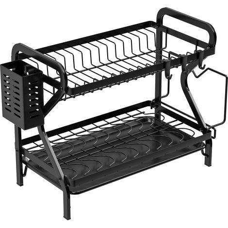 Égouttoir Vaisselle Cuisine 2 Niveaux avec Plateau Égouttoir et Porte-Couverts, Organisateur Assiettes Bols, Noir (1/5)