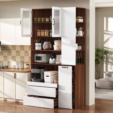 Buffet de cuisine haut 100x40x200 cm avec étagère coulissante, tiroirs et portes en verre rainuré, MDF blanc et noyer (1/5)