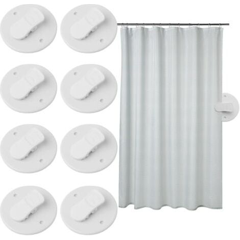 Lot de 8 clips de rideau de douche autocollants blancs pour éviter les éclaboussures d'eau et maintenir le rembourrage du rideau près du mur. Fixations pour rideaux de douche à domicile. (1/5)