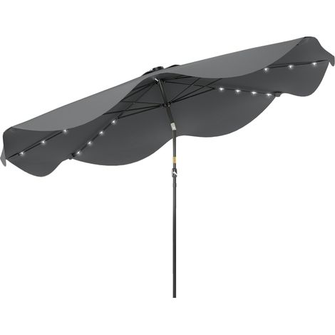 Parasol de jarden manuel Ø292x254 cm avec 32 lumières LED solaires, 8 baleenes, étanche et grilles de ventilation, gris