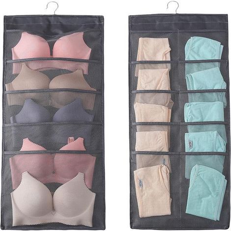 Organisateur mural gris à 15 poches, rangement suspendu double face avec crochets pour soutiens-gorge, chaussettes et sous-vêtements (1/5)