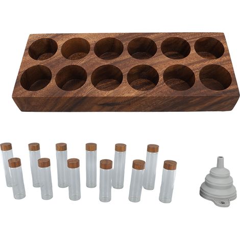 Ensemble de bocaux à café et sucre en verre borosilicate de haute qualité, avec étagère de présentation en noyer et entonnoir. (1/5)