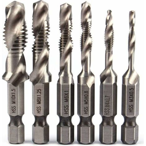 6pcs HSS Jeu de Foret Mèche à 1/4" Tige Hexagonale Set Robinet de Foreuse de Combinaison HSS Bit M3-M10 Filetage Métrique Drill Pour Bois fer Aluminium Argent