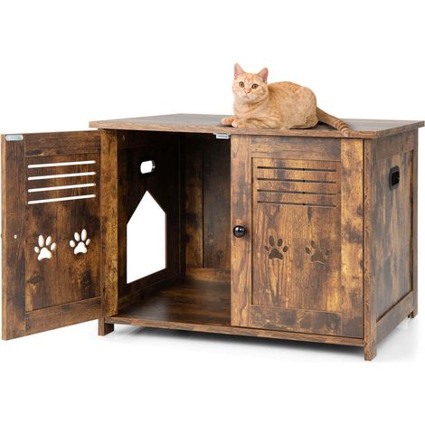 Accès latéral et portes à persiennes, meuble cache litière chat avec plateau, facile à nettoyer et discret (1/5)