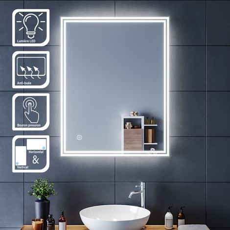 SIRHONA Espejo de baño Rectangular Espejo Led 70x90cm con Interruptor Táctil-Espejo Pared para Baño con Función Anti-Niebla-Frío Blanco(6500K)-Ahorro de Energía (1/5)