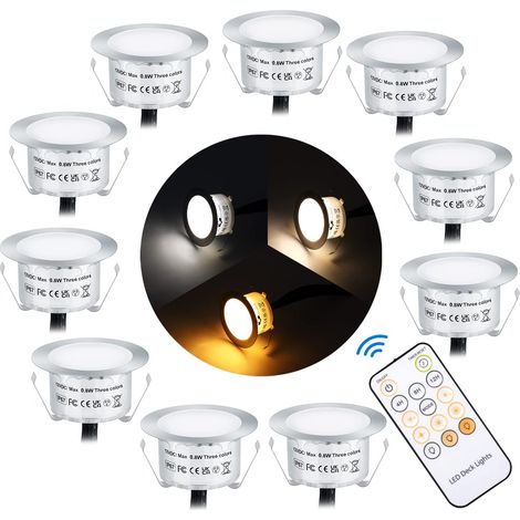 Lighting Lot de 10 Spots LED Encastrables Terrasse 3 Couleurs Dimmable avec Télécommande, IP67 Étanche, DC12V 0.8W Ø42mm Spot Encastrable Exterieur pour Escalier Bois Jardin Cuisine (1/5)