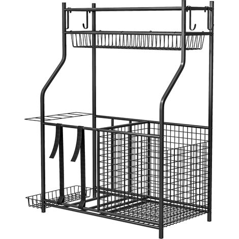 Sportaufbewahrungseinheit mit Körben, abnehmbaren Haken und elastischen Gurten, 92 x 42 x 109 cm, schwarz