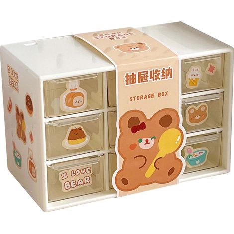 Organiseur de bureau 9 tiroirs transparent, boîte de rangement mini pour fournitures de bureau et bijoux, étui de bureau anti-poussière beige avec autocollants ours (1/5)