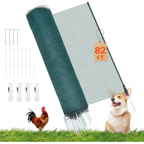 Clôture Filet Mobile 25x0,9 m Filet de Clôture pour Chien en Plastique Temporaire pour Poules, Plantes, Jardin, Cours Extérieures, Mailles Serrées, avec Poteaux, Piquets à Double Pointe, Haubans (1/5)