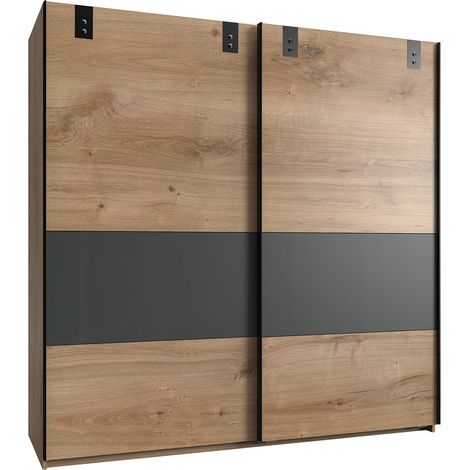 Armoire placard meuble de rangement coloris imitation chêne poutre/ graphite - Longueur 180 x Profondeur 64 x Hauteur 198 cm -PEGANE- (1/4)