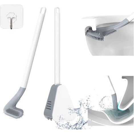 Brosse de toilette en silicone avec long manche antidérapant et poils flexibles pour salle de bain à 360° sans nettoyage mort, séchage rapide avec un support de crochet (avec couvercle, blanc) (1/5)