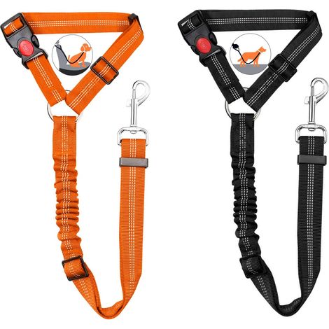 Dog Seat Belts, Adjustable and Durable Dog Seat Belt with Elastic Nylon Pad, 2 Pack (Black+Orange) (1/5)