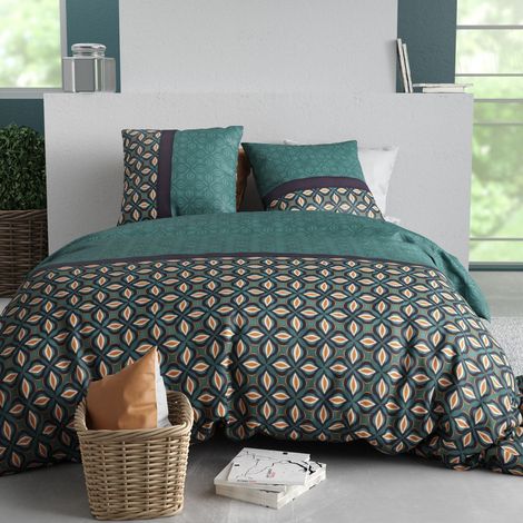 Parure housse de couette 260x240cm + 2 taies motif art-déco vert 100% coton - SALMAN (1/4)