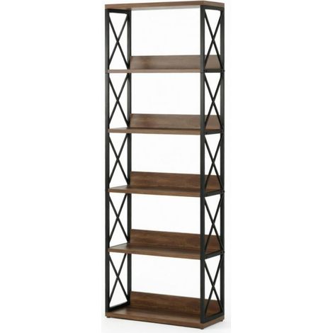 Libreria a 5 ripiani aperti in metallo e legno, stile industriale, colore nero e marrone, HOMVRA (1/4)