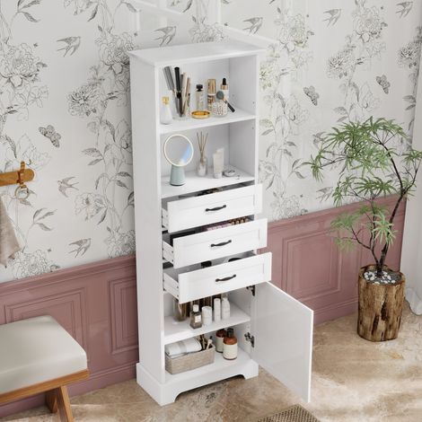 URBAN MEUBLE Colonne de Salle de Bain 56cm, Armoire Haute avec Tiroir et Étagères Réglables, Blanc (1/5)