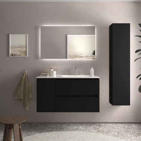 Meuble de salle de bain BEQUIA Plus 100cm Noir mat Vasque Porcelaine Robinet à droite (1/5)