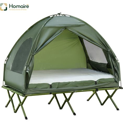 HOMAIRE Campingbett mit Kuppelzelt, Luftmatratze, Pumpe und Taft, grün, für Outdoor Abenteuer