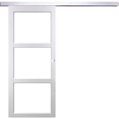 Porte Coulissante Kenya Blanc Vitrage Transparent H204 X L73 Cm, Rail Alu, Coquilles Blanc Gd Menuiseries
