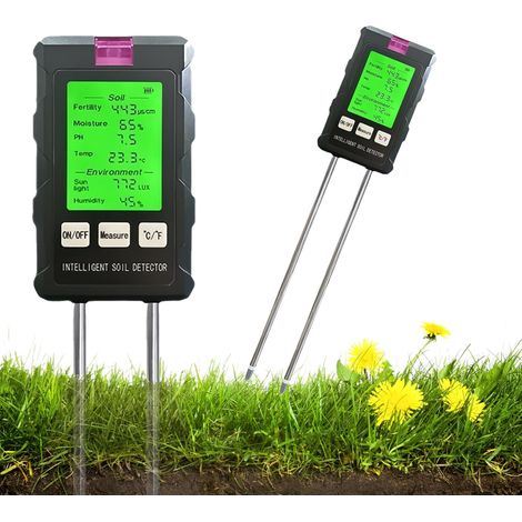 6-in-1-Bodenmessgerät, um 90° drehbarer Bodentester, Bodenfeuchtetester, digitaler Boden-pH-Tester mit Temperatur/Luftfeuchtigkeit, LCD-Display, Bodenfeuchtemessgerät für Pflanzenerde