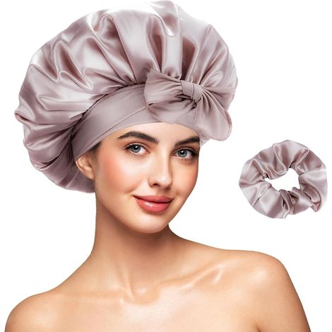 Wendbare Satin-Nachthaube – 2-teiliges Set – Doppellagig – Verstellbarer Gummizug – Für lockiges und krauses Haar – Schwarz (1/5)