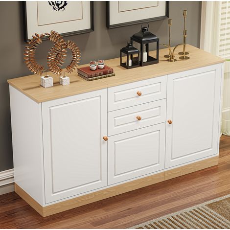 Sideboard 135,5x39x76 cm Weiß und Holzoptik aus Spanplatte mit goldenen Griffen und viel Stauraum (1/5)