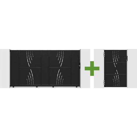 NALI VELETA 3 m Stahl-Schiebetor H.160 cm Schwarz + 160 cm schwarzes Fußgängertor