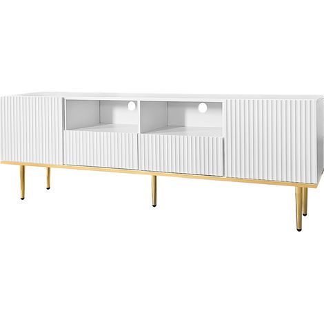 ELVMI TV-Schrank mit 2 Schubladen und 2 Fächern, Goldfarbene Details, für Wohnzimmer, aus Spanplatte, Weiß, 165×36×55 cm (1/4)