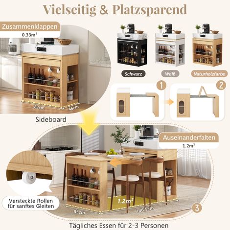 Île de cuisine sur roulettes, table extensible avec plateau pliant, comptoir de bar avec prises et crochets, idéale comme îlot, buffet ou bar pour cuisine et salle à manger (Naturel) (1/5)